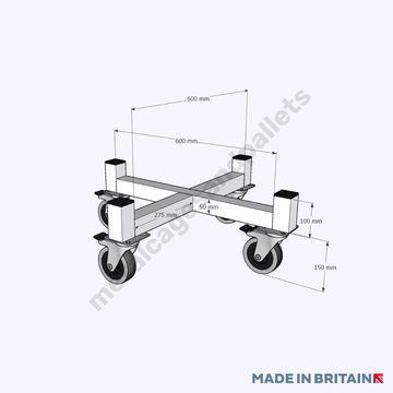 Technical drawing of 4 wheeled drum dolly trolley stillage with castor wheels.